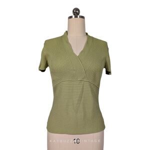Vintage Short Sleeve Sweater Top L Green Babydoll 90S Y2K Ribbed V Minimalist